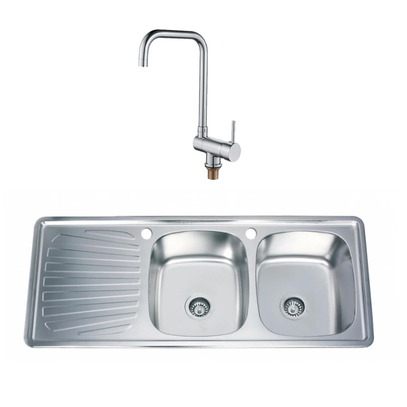 Комплект кухненска мивка Inter Ceramic Kitchen Line ICF 7192174 7119, За вграждане, Алпака, Двукоритна, С ляв плот, Стоящ смесител с висок и въртящ се чучур, 120 x 50 см, Цвят хром